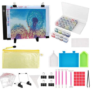 Everything You Need - Full DIY Diamond Painting Tool Set Kit with A4 LED Light Pad Clip USB Cable Bracket Glue Sticky Pen Plates Drill Pen Sorting Trays