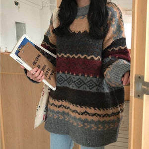 Vintage Look Sweaters Women Pullover Winter Striped Jumpers Todays Style Loose Pullover Knitwear Casual Loose Sweater Pull Femme
