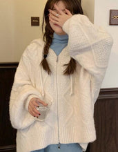 Load image into Gallery viewer, Women Autumn Winter Oversize Knitted Cardigan Casual Hooded Twist Sweater Zipper Long Sleeve Crochet Outerwear Brown Beige
