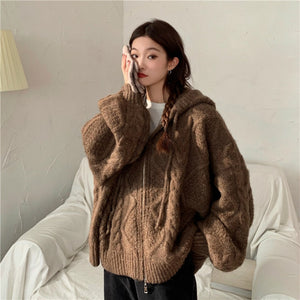 Women Autumn Winter Oversize Knitted Cardigan Casual Hooded Twist Sweater Zipper Long Sleeve Crochet Outerwear Brown Beige