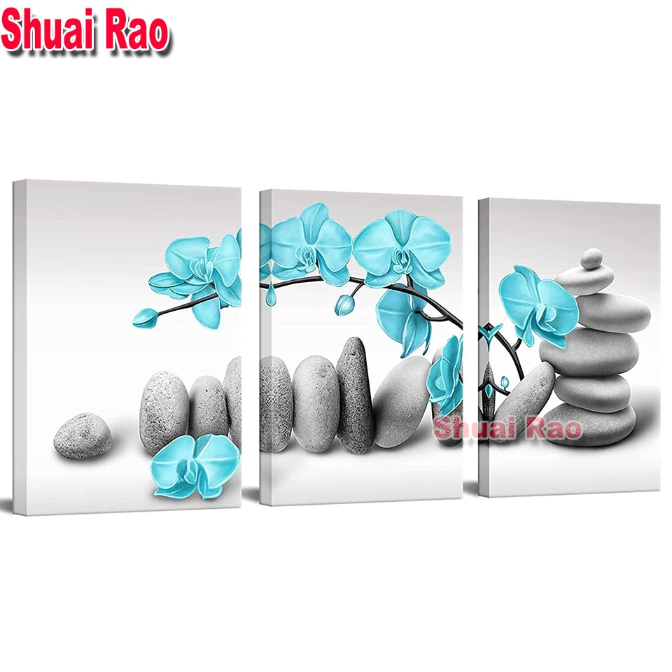 3-Pc Multi-Panel Zen Turquoise Orchid Flower with River Stones Diamond Painting Full Square or Round  Diamond Embroidery 3Piece Kit Mosaic Set