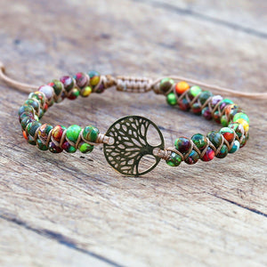 Handmade Charm Bracelet Natural African Stone Beaded Hobo Wrap Bracelet and Bangle Stainless Steel Tree of Life Braided Jewelry