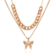 Load image into Gallery viewer, Big Butterfly Pendant Necklace Full Rhinestone Gold Silver Color Double Layer Cuban Choker Thick Chain Necklace Women Jewelry
