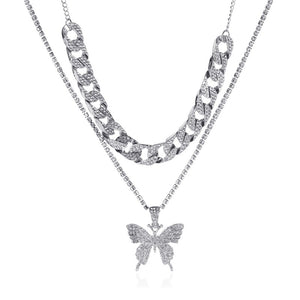 Big Butterfly Pendant Necklace Full Rhinestone Gold Silver Color Double Layer Cuban Choker Thick Chain Necklace Women Jewelry