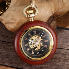 Load image into Gallery viewer, Solid Wood Accent Mechanical Pocket Watch FOB Chain Locket Dial Hollow Steampunk Men Women Clock Watches Box Package
