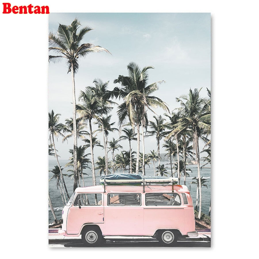 Pink Old Surfer Bus Palm Trees Ocean View Full Drill Round Square Diamond Embroidery DIY 5D Diamond Painting Kits Wall Mosaic
