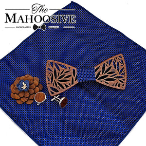 Wooden Bow Tie Handkerchief Set Mens Plaid Bowtie Wood Hollow Carved Cut Out Floral Design And Box Men Fashion Ties