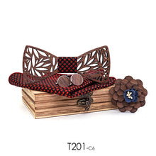 Load image into Gallery viewer, Wooden Bow Tie Handkerchief Set Mens Plaid Bowtie Wood Hollow Carved Cut Out Floral Design And Box Men Fashion Ties
