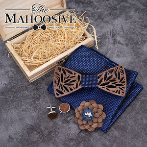 Wooden Bow Tie Handkerchief Set Mens Plaid Bowtie Wood Hollow Carved Cut Out Floral Design And Box Men Fashion Ties