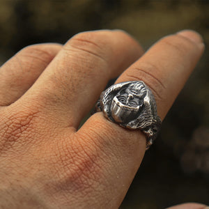Mens Viking Norse Mythology Odin Raven Wolf Ring Stainless Steel Scandinavian Amulet Ring Mens Jewelry