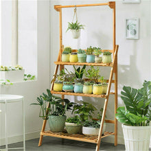Load image into Gallery viewer, 3-Tier Hanging Plant Stand Storage Shelf Folding Flower Pot Organizer Display Storage Rack Adjustable Hanger Rod Bamboo Patio

