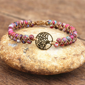 Handmade Charm Bracelet Natural African Stone Beaded Hobo Wrap Bracelet and Bangle Stainless Steel Tree of Life Braided Jewelry