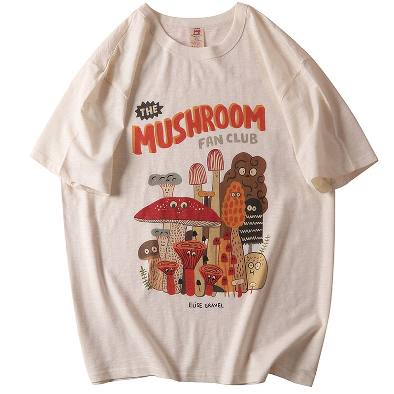 Mushroom Fan Club T-Shirts Cotton Material Retro Apricot Mushroom Cute Casual Summer Woman T-Shirt Fashion Streetwear