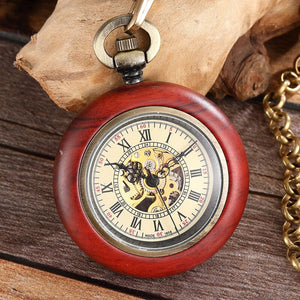 Solid Wood Accent Mechanical Pocket Watch FOB Chain Locket Dial Hollow Steampunk Men Women Clock Watches Box Package