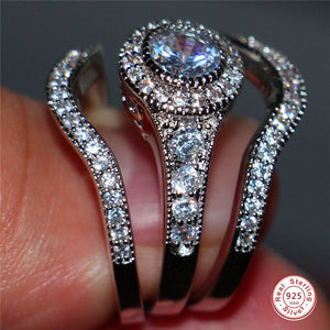 3Pcs/Set 925 Sterling Sliver Luxury Round Cut AAA Zircon Crystal Ring For Women Wedding Female Rings Jewelry Set