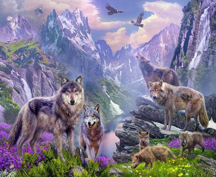 DIY Diamond Painting Kit Wolf Pack in Spring Hawks Mountains Art Cross-Stitch Embroidery Craft Painting