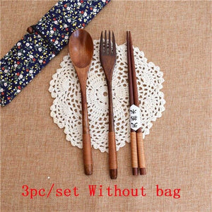 Wood Portable Tableware Wooden Cutlery Sets Travel Dinnerware Suit Environmental with Cloth Pack Gift