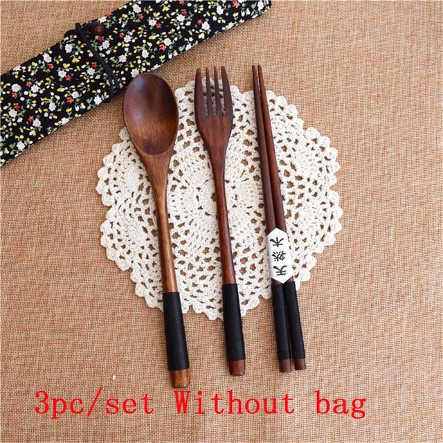 Wood Portable Tableware Wooden Cutlery Sets Travel Dinnerware Suit Environmental with Cloth Pack Gift