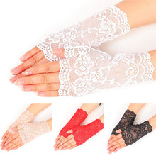 Load image into Gallery viewer, Lady&#39;s Fingerless Black Floral Lace Gloves Summer Thin Wedding Gloves Gothic Sexy Short Hollow White Red Party Gloves
