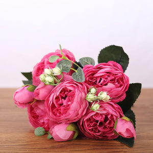 30cm Rose Pink Silk Peony Artificial Bouquet Flowers 5 Big Heads 4 Small Bud Bride Wedding Home Decoration Fake Flowers Faux