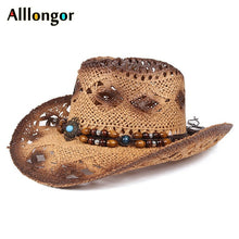 Load image into Gallery viewer, Men&#39;s Cowboy Hat Women Retro Vintage Turquoise Leather Strap Cowboy Cowgirl Caps Western Summer Sun Hat

