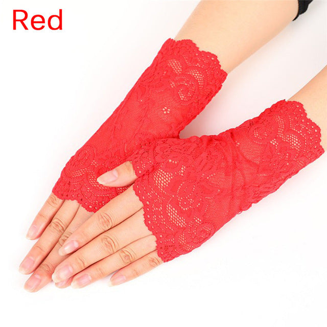 Lady's Fingerless Black Floral Lace Gloves Summer Thin Wedding Gloves Gothic Sexy Short Hollow White Red Party Gloves