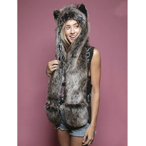 10 Styles Faux Fur Hood Animal Hat Ear Flaps Hand Pockets 3 in1 Animal Hat Wolf Plush Warm Earmuff Animal Cap with Scarf Gloves
