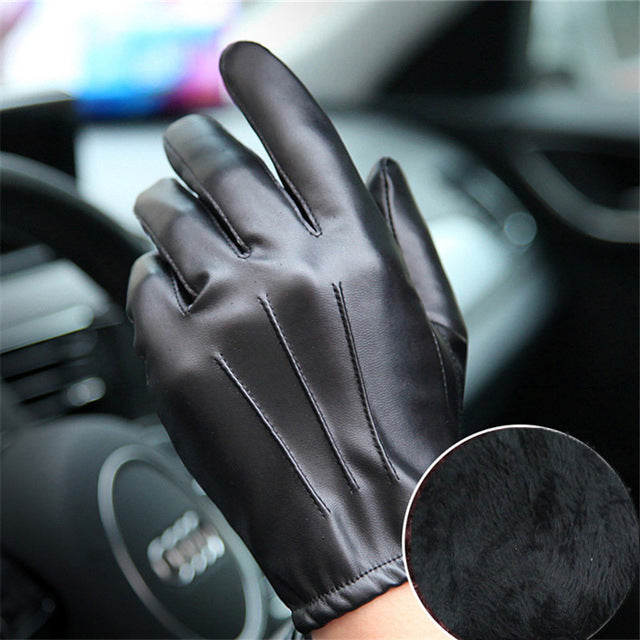 Thin Style Non-Slip PU Leather Driving Gloves Men Long Keeper Fashion Black PU Leather Gloves Male Full Fingers Palm Touchscreen