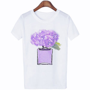 Women Clothes Summer Short Sleeve Fashion Perfume Flower Woman Female T-shirt Leisure Vogue Thin Section Printed Tshirt Top