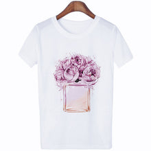 Load image into Gallery viewer, Women Clothes Summer Short Sleeve Fashion Perfume Flower Woman Female T-shirt Leisure Vogue Thin Section Printed Tshirt Top
