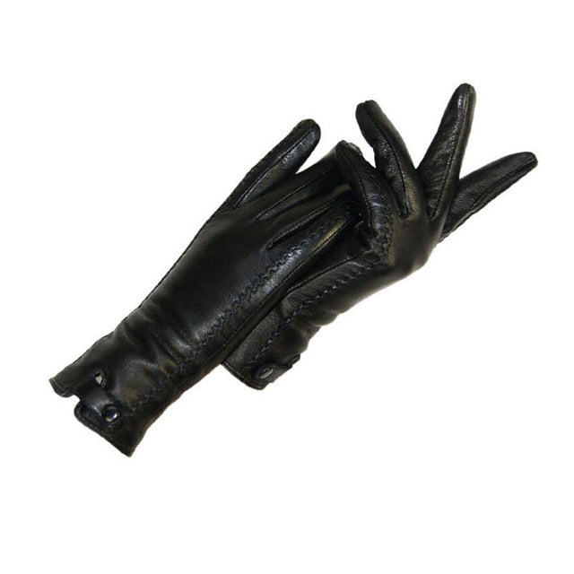 High-quality Genuine Leather Women Gloves Rabbit Fur Lining Riveted Clasp Winter Warm Woman Soft