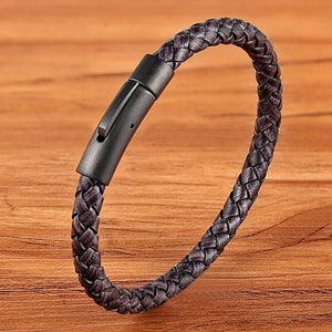 All Black Clasp Classic Style Men Leather Bracelet Simple Black Stainless Steel Button Neutral Accessories Hand-woven Jewelry Gifts