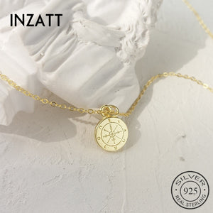 INZATT Real 925 Sterling Silver Round Compass Vintage Pendent Necklace For 2021 Fashion Women Gold Color Jewelry Gift