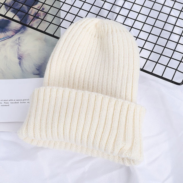 Winter Solid Color Wool Knit Beanie Women Fashion Casual Hat Warm Female Soft Thicken Hedging Cap Slouchy Bonnet Ski