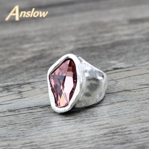 Original Vintage Anslow Design Fashion Jewelry Irregular Large Cut Gem Silver Ring Great Affordable Style Pink Blue Grey Color Stone