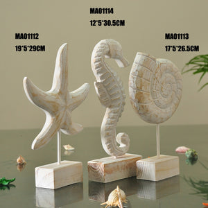 Mediterranean Style Wood Crafts Home Decoration Accessories Wooden Crafts Starfish Conch Hippocampus Wood Carving Marine Decor