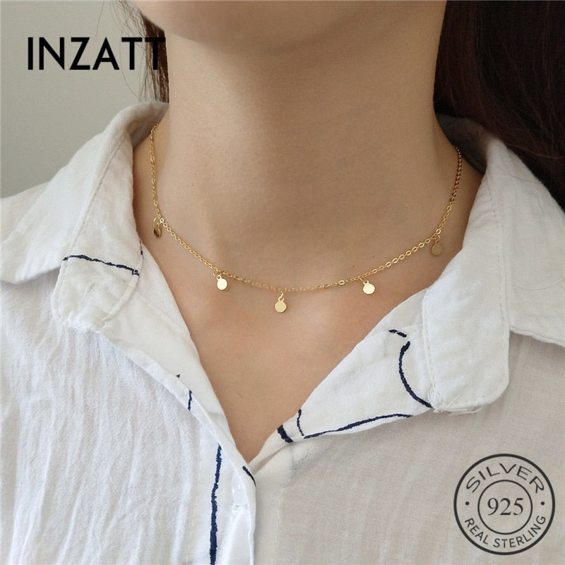 INZATT Real 925 Sterling Silver Minimalist Geometric Bright Disc Choker Necklace For Fashion Women Boho  Jewelry Bohemia Gift