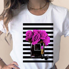 Load image into Gallery viewer, Women Clothes Print Flower Perfume Bottle Sweet Short Sleeve T-shirt Printed Women Shirt T Female T-shirts Top Casual Woman Tee
