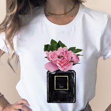 Load image into Gallery viewer, Women Clothes Print Flower Perfume Bottle Sweet Short Sleeve T-shirt Printed Women Shirt T Female T-shirts Top Casual Woman Tee
