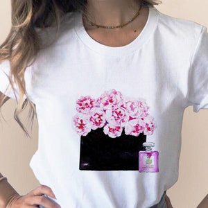 Women Clothes Print Flower Perfume Bottle Sweet Short Sleeve T-shirt Printed Women Shirt T Female T-shirts Top Casual Woman Tee