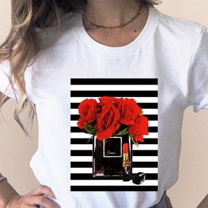 Women Clothes Print Flower Perfume Bottle Sweet Short Sleeve T-shirt Printed Women Shirt T Female T-shirts Top Casual Woman Tee