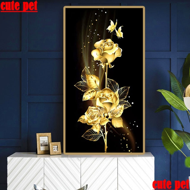 Long-panel Golden Roses Diamond Painting Kit DIY Full Drill Select Square Round Diamonds Arts Crafts Embroidery Inlay Diamond Paintings Home Decoration