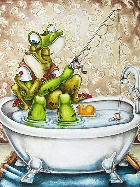 Frog Fishing in Bathtub 5D DIY Diamond Painting Full Square Drill Diamond Cross Stitch Embroidery Rhinestone Decor