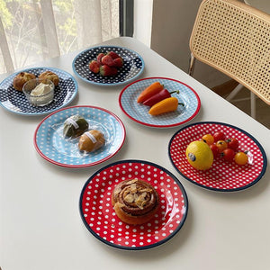 9-inch Polka Dot Imitation Porcelain Plate Dinner Fruit Plate Thickened Snack Plate Dessert Cake Dishes Pastry Tray Colorful Tableware