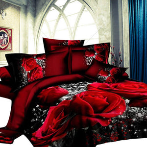 4pcs Set 3D Red Rose Bedding Sets For Wedding 200x230cm Polyester Cover Sheet + Pillow Cases + Bed  Sheets Gift For Friends