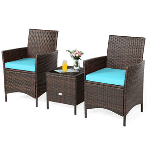 3PC Patio Rattan Furniture Set Cushioned Sofa Glass Tabletop Deck Red/Blue Deck Chairs Small Table Cushion