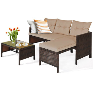 3PCS Patio Wicker Rattan Sofa Set Outdoor Sectional Conversation Set Garden Lawn Deck Furniture Rattan Set