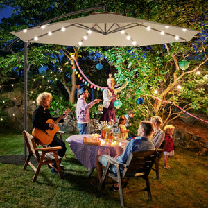 10' Hanging Solar LED Umbrella Patio Sun Shade Offset Market W/Base Lighted Patio Furniture Portable