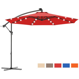 10' Hanging Solar LED Umbrella Patio Sun Shade Offset Market W/Base Lighted Patio Furniture Portable