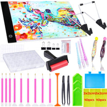 Load image into Gallery viewer, Diamond Painting Cross Stitch Tool Set A4 LED Light Pad, Pen, Tweezers, Clay, Tray, Roller and Diamond Embroidery Box Accessorie
